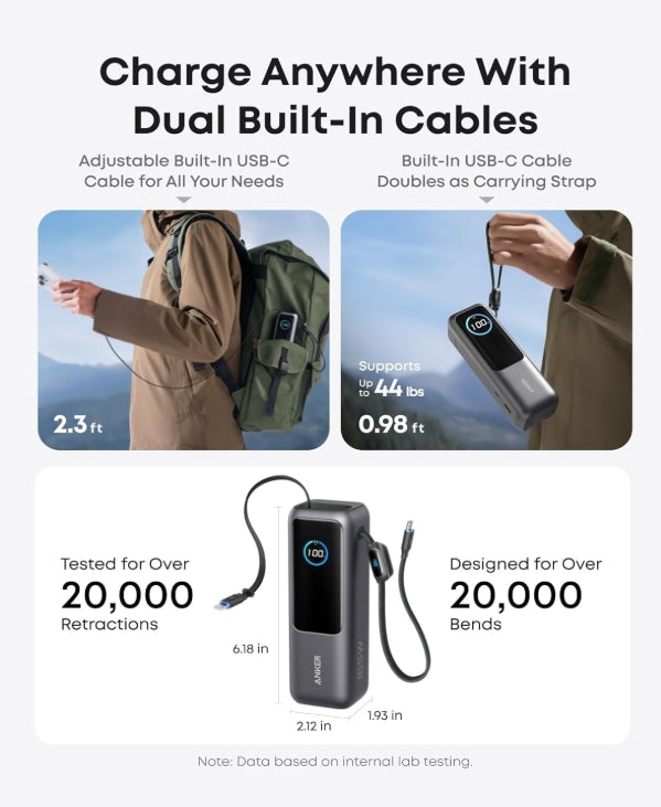 Anker Power Bank para Laptop de 25,000 mAh con 3 Puertos USB-C de 100W, Cables Integrados y Retráctiles, Carga Múltiple para iPhone 16/15, MacBook, Samsung y más