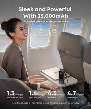 Anker Power Bank para Laptop de 25,000 mAh con 3 Puertos USB-C de 100W, Cables Integrados y Retráctiles, Carga Múltiple para iPhone 16/15, MacBook, Samsung y más