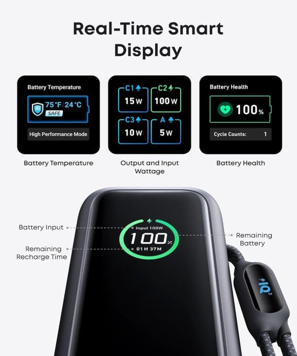 Anker Power Bank para Laptop de 25,000 mAh con 3 Puertos USB-C de 100W, Cables Integrados y Retráctiles, Carga Múltiple para iPhone 16/15, MacBook, Samsung y más