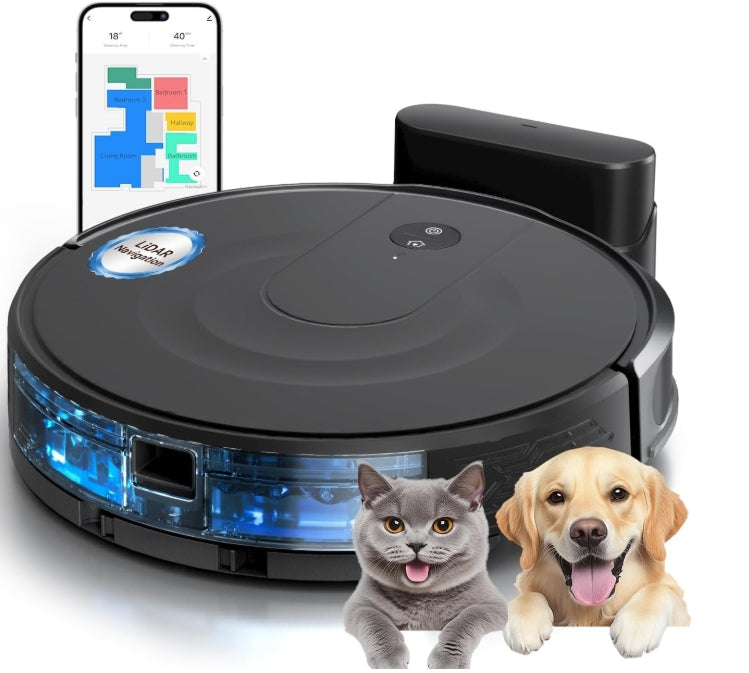 Kewbily Robot Aspirador y Mopa 2 en 1 con Navegación LiDAR, Diseño Delgado, Succión de 9000 Pa, Ideal para Mascotas, Alfombras y Pisos Duros, Mapeo Inteligente por App