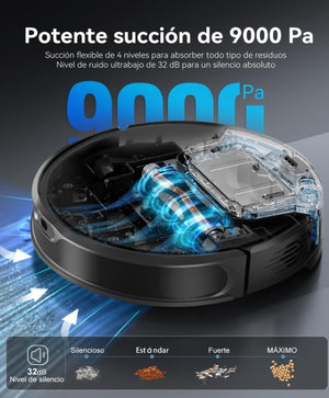 Kewbily Robot Aspirador y Mopa 2 en 1 con Navegación LiDAR, Diseño Delgado, Succión de 9000 Pa, Ideal para Mascotas, Alfombras y Pisos Duros, Mapeo Inteligente por App