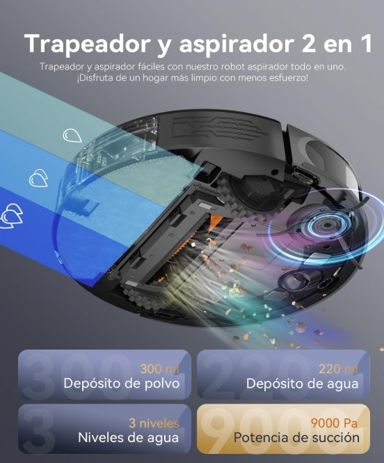 Kewbily Robot Aspirador y Mopa 2 en 1 con Navegación LiDAR, Diseño Delgado, Succión de 9000 Pa, Ideal para Mascotas, Alfombras y Pisos Duros, Mapeo Inteligente por App