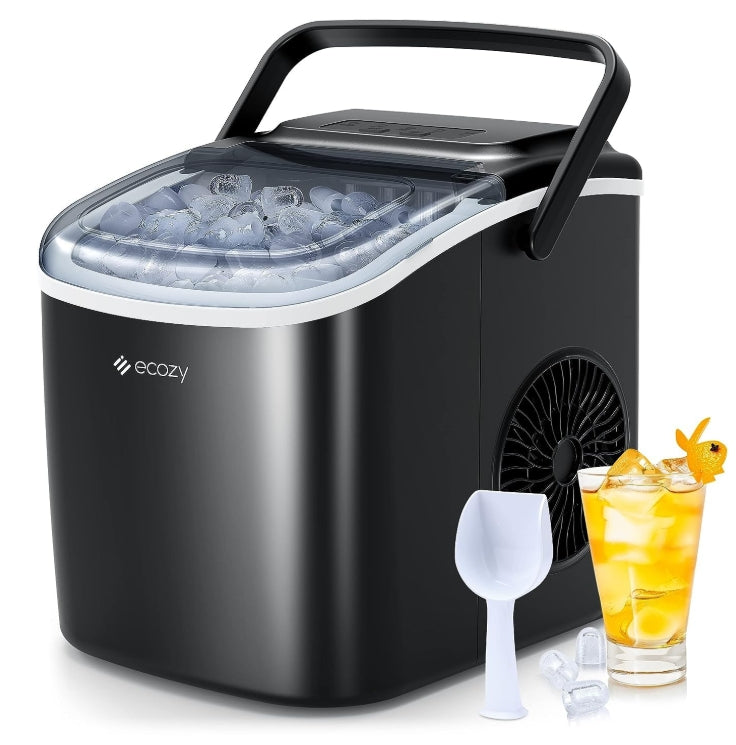 ecozy Maquina de Hielo - 9 Cubos de Hielo en 6 Minutos Ice Maker, Producción Diaria de 26 lbs, Autolimpieza con Bolsas de Hielo, Cuchara y Canasta para Cocina, Oficina, Bar, Fiesta - Negra