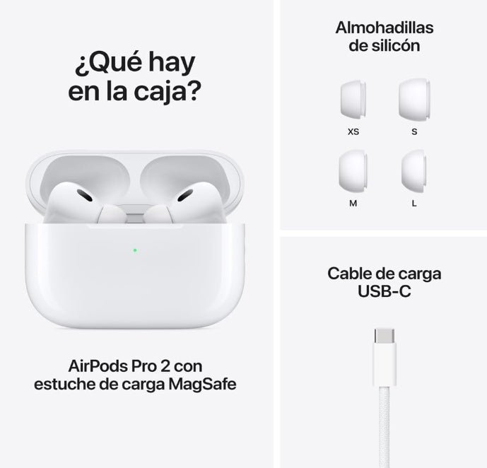 Audífonos inalámbricos AirPods Pro 2 de Apple, audífonos Bluetooth, Cancelación Activa de Ruido, Modo Ambiente, Audio Espacial Personalizado, Sonido de Alta fidelidad, Chip H2, Carga USB-C - Blanco