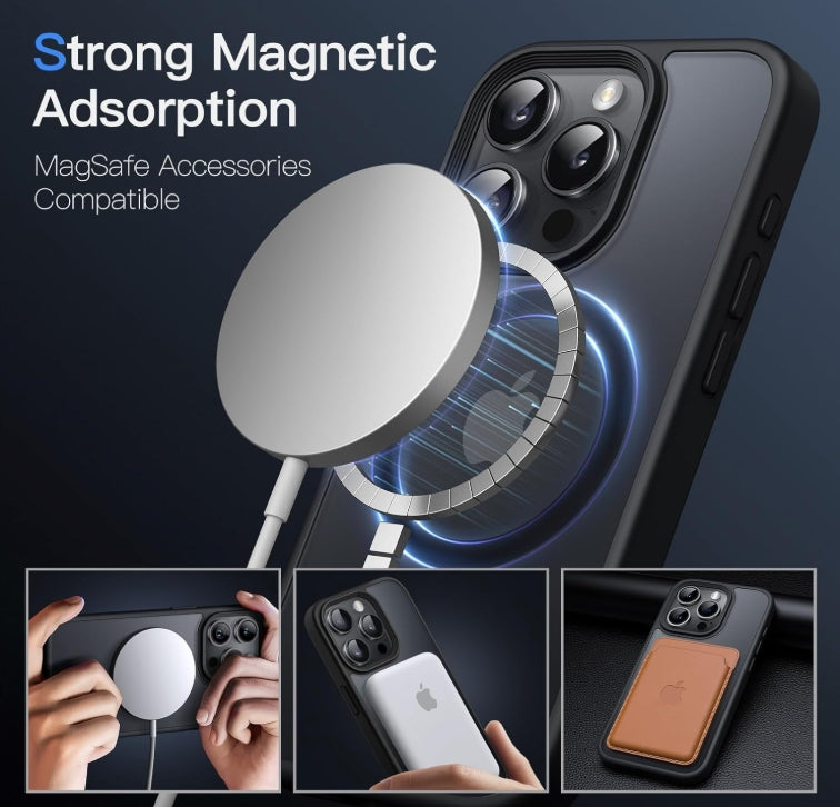 JETech Funda Magnética para iPhone 15 Pro MAX 6.7 Pulgadas Compatible con MagSafe, Carcasa Translúcida Mate Trasera Fina Antigolpes (Negro)