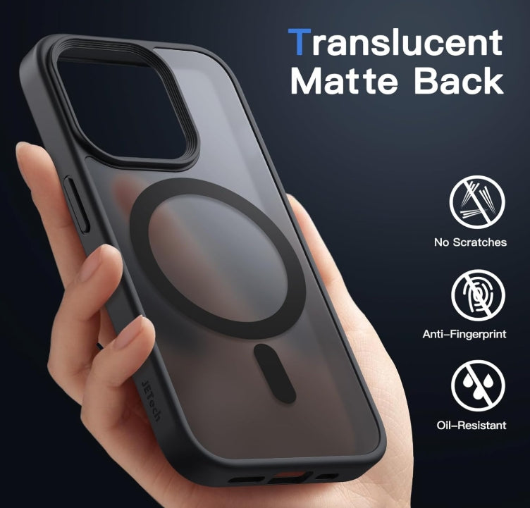 JETech Funda Magnética para iPhone 15 Pro MAX 6.7 Pulgadas Compatible con MagSafe, Carcasa Translúcida Mate Trasera Fina Antigolpes (Negro)